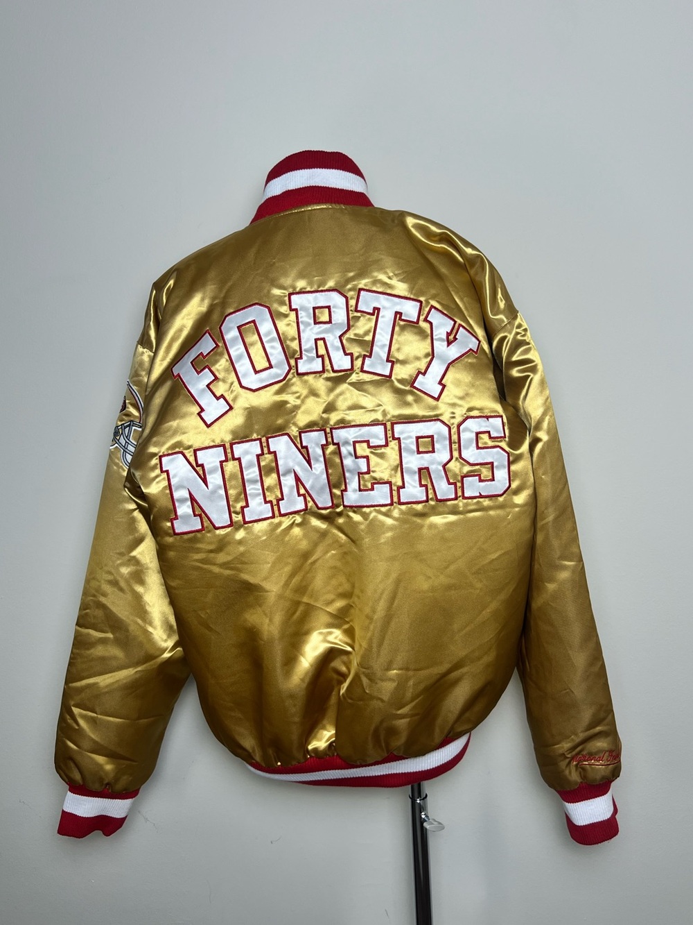 San Francisco 49ers NFL Gold Satin Bomber Jacket Forty Niners Spellout M